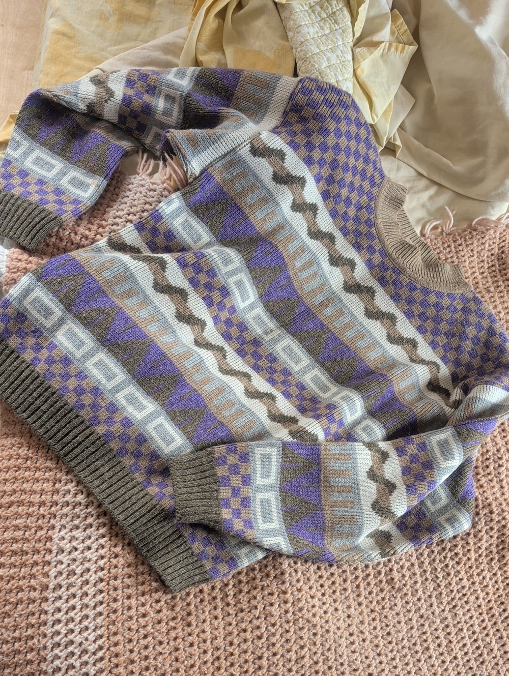 vintage French Navy L Cozy Geometric Patterned Sweater - Lavender, Taupe, Cream